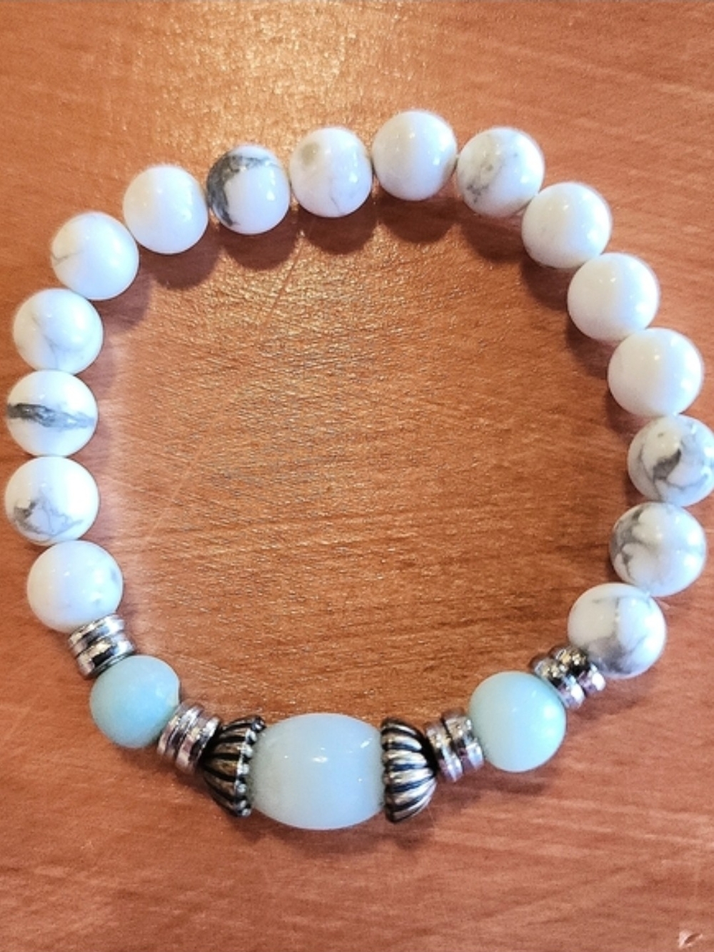 White Howlite Beaded Stretch Bracelet with Pale Blue Accents